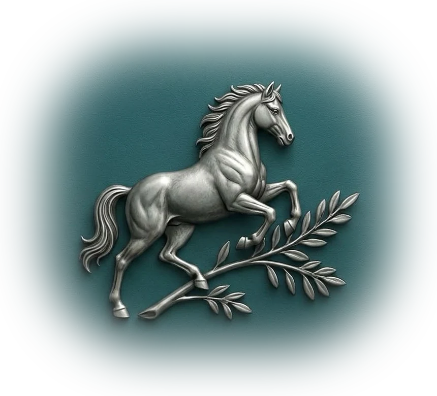 Emblema da PFO Advogados: cavalo e ramo de louro em prata